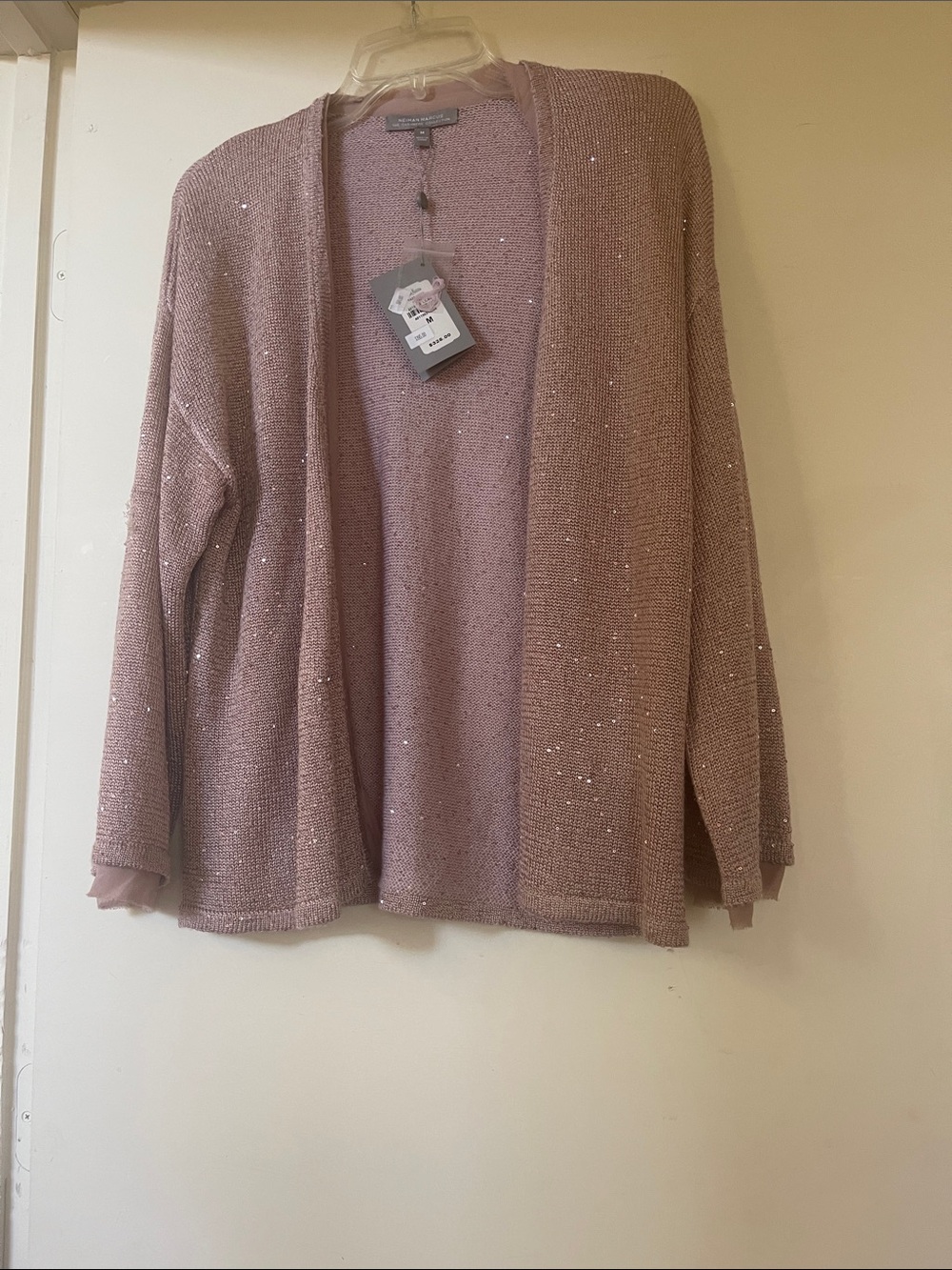 NWT Neiman Marcus Dusty Rose Cashmere Sequin Open-Front Sweater - Medium